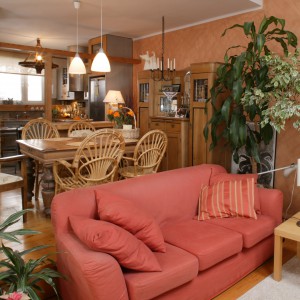 Salon i jadalnia zostały urządzone w ciepłych barwach. Ceglastym ścianom towarzyszy sofa z IKEI i naturalne barwy drewnianych dodatków. Fot. Monika Filipiuk.