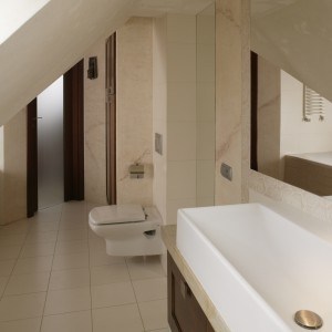 Nie tylko sufit, ale i obrys wnętrza łazienki malowniczo rozrzeźbiają skosy i uskoki ścian. Fot. Bartosz Jarosz.