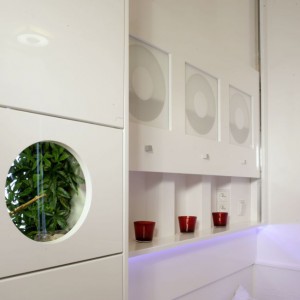 Tuż nad terrarium wygospodarowano miejsce na szafki. Standardowe stoliki nocne zostały zastąpione systemem przesuwnym (Hettich), zainstalowanym nad łóżkiem. Za frontem z trzema dekoracyjnymi szybkami, kryją się trzy wnęki na drobiazgi. Fot. Monika Filipiuk.