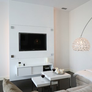 Ściana TV z szafką wykonana została na indywidualne zamówienie, podobnie jak wszystkie inne meble w mieszkaniu. Projekt przygotowała architekt Agnieszka Żyła. Fot. Bartosz Jarosz.