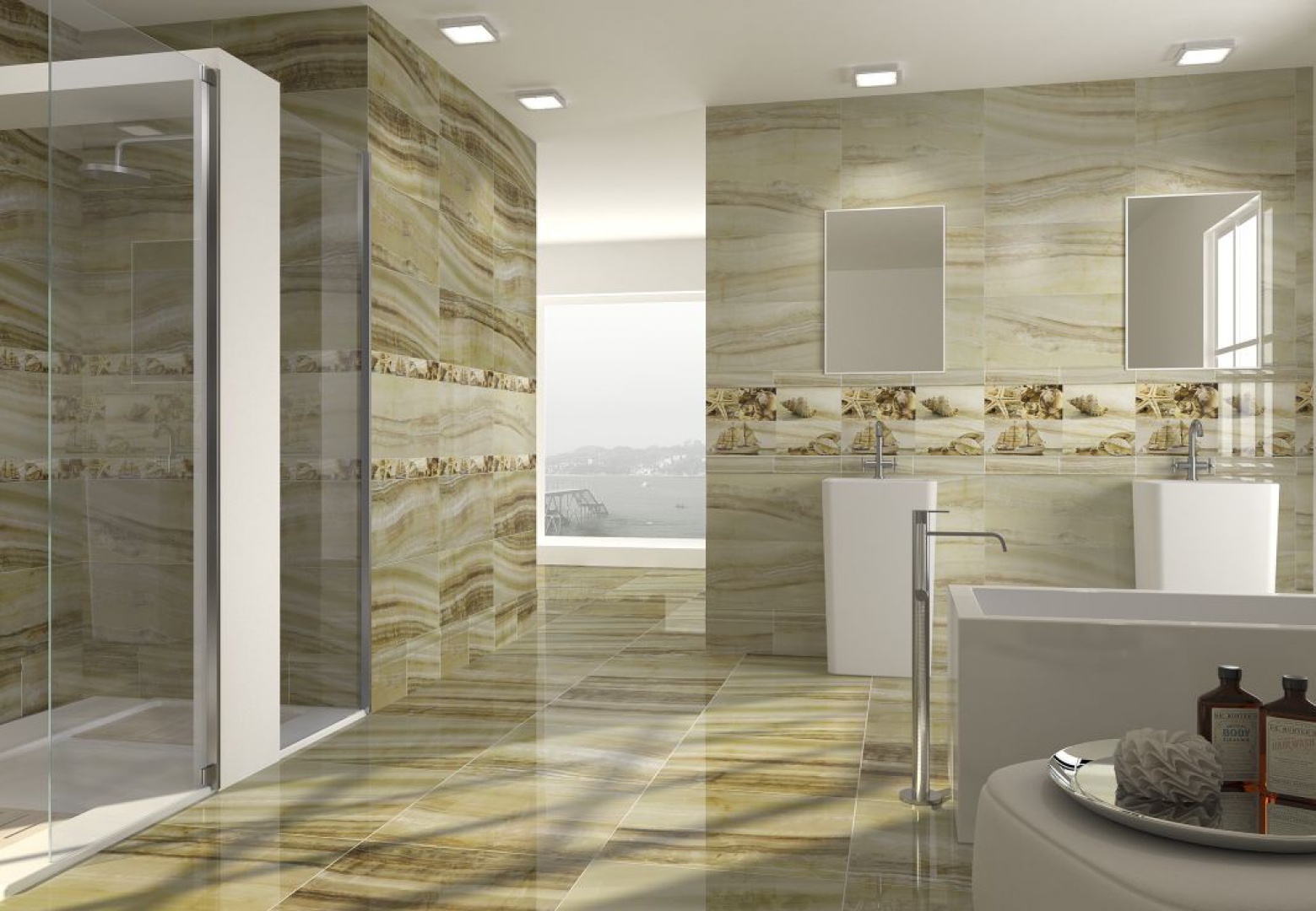 Płytki ceramiczne z kolekcji Manhattan marki Ceramicas Myr w kolorze piasku do skompletowania z dekorem w muszelki. Fot. Ceramicas Myr.