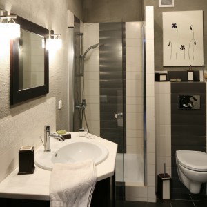 Utrzymana w minimalistycznych szarościach łazienka została urządzona w męskim, zdecydowanym stylu. Projekt Magdalena Kwiatkowska. Fot. Bartosz Jarosz.