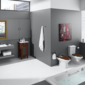 Ceramika sanitarna z serii America Roca sprawdzi się w łazience w stylu retro. Drewniane deski akcentują rustykalny charakter wyposażenia. Fot. Roca.