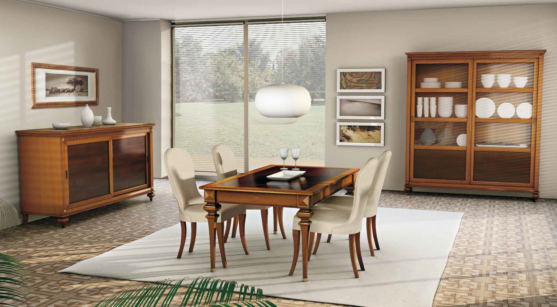 Meble w klasycznym stylu z kolekcji Amarcord marki CP Italian Furniture. Zdobienia wykonane w drewnie nadają wnętrzu wyrafinowany wygląd inspirowany dawnymi, rodzinnymi jadalniami. Fot. CP Italian Furniture.