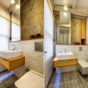 W łazience zabytkowe freski zestawiono z szarymi płytkami. Całość wykończono w nowoczesnym, hotelowym stylu, z ceramiką sanitarną o kubistycznych formach. Projekt: Atelye70. Fot. Emrah Aydemir. 