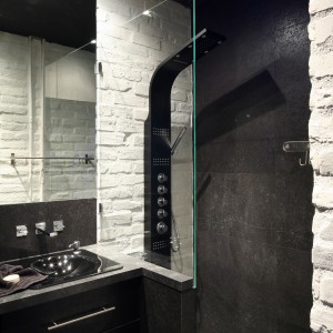 Gdy brakuje miejsca na standardową kabinę prysznicową można wydzielić strefę prysznica za pomocą ścianki działowej, prysznic w wersji walk-in zajmuje mniej miejsca. Projekt: Dominik Respondek. Fot. Bartosz Jarosz.