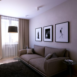 Pokój gościnny zaplanowano w prostym, komfortowym wykonaniu. Miękka sofa, przytulny dywan i komoda z TV zapewnią wypoczynek odwiedzającym gościom. Projekt: Studio projektowe Geometrium.