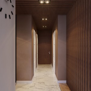 Parawan oddzielający salon od holu przedłużono na powierzchnię sufitu, który w całym holu pokryły drewniane deski. Projekt: Studio projektowe Geometrium.
