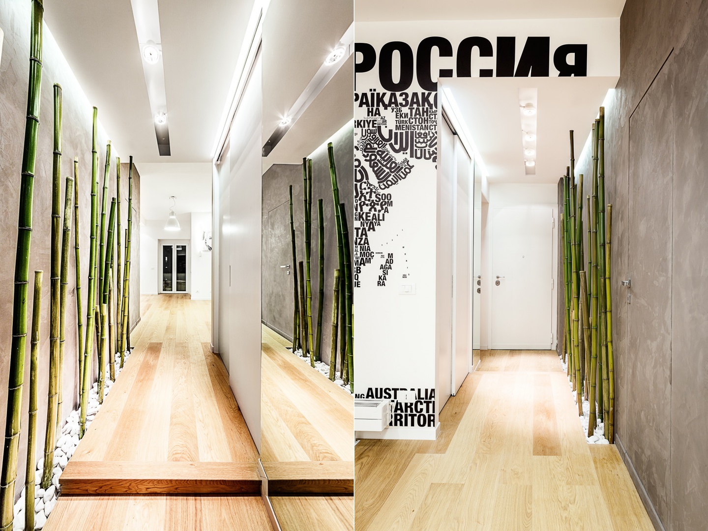Lustro na ścianie na przeciw zielonych bambusów duplikuje je i stwarza wrażenie okalającego przedpokój soczystego lasu. Projekt i zdjęcia: Brain Factory.