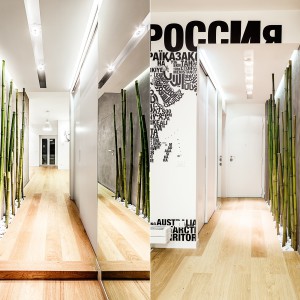 Lustro na ścianie na przeciw zielonych bambusów duplikuje je i stwarza wrażenie okalającego przedpokój soczystego lasu. Projekt i zdjęcia: Brain Factory.