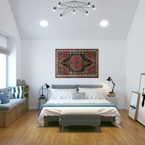 Skandynawską stylistykę przełamano nieoczekiwanym akcentem. Ścianę nad wezgłowiem łóżka zdobi dywan, nawiązujący do stylu aranżacji wnętrz z czasów ZSRR. Projekt i wizualizacje: Studio projektowe Geometrium.