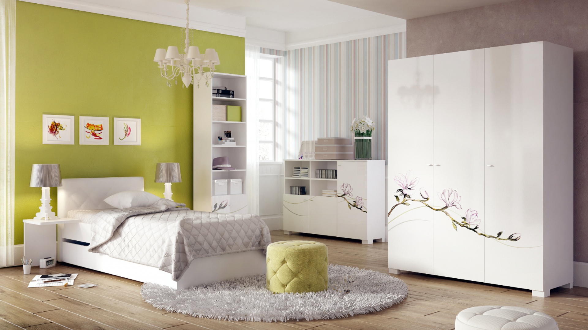 Stylowe oświetlenie i pikowane dodatki to nieodłączny element stylu glamour. Odrobinę romantyzmu i dziewczęcego uroku wnoszą do wnętrza zdobienia frontów inspirowane kwitnącymi krzewami. Kolekcja Grace marki Meblik. Fot. Meblik.