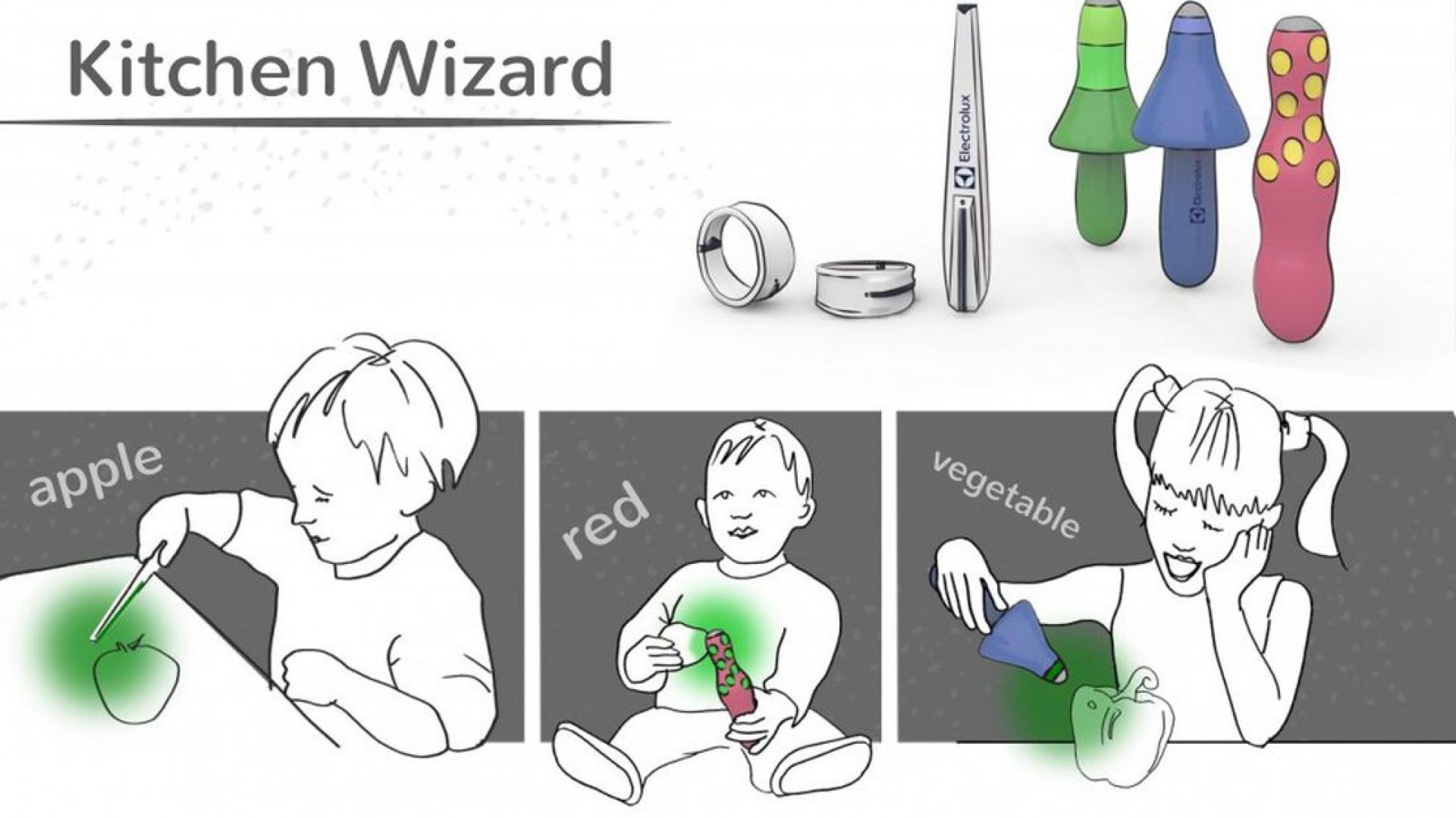 Kitchen Wizard, autorstwa Agaty Hoffa, to koncepcja inteligentnego urządzenia, którego zadaniem jest stymulacja rozwoju intelektualnego dzieci poprzez zabawę. Jego obsługa jest intuicyjna, dzięki czemu idealnie nadaje się dla najmłodszych. Fot. Materiały prasowe organizatora