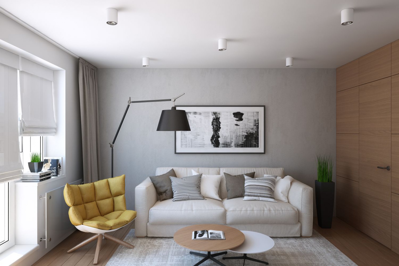 Ścianę bezpośrednio za sofą wykończono tynkiem z efektem betonu, który wprowadza delikatnie surowszy klimat do wnętrza. Z fakturą betonu pięknie kontrastuje fornir na prostopadłej ścianie. Projekt i wizualizacje: Geometrium Design Studio.