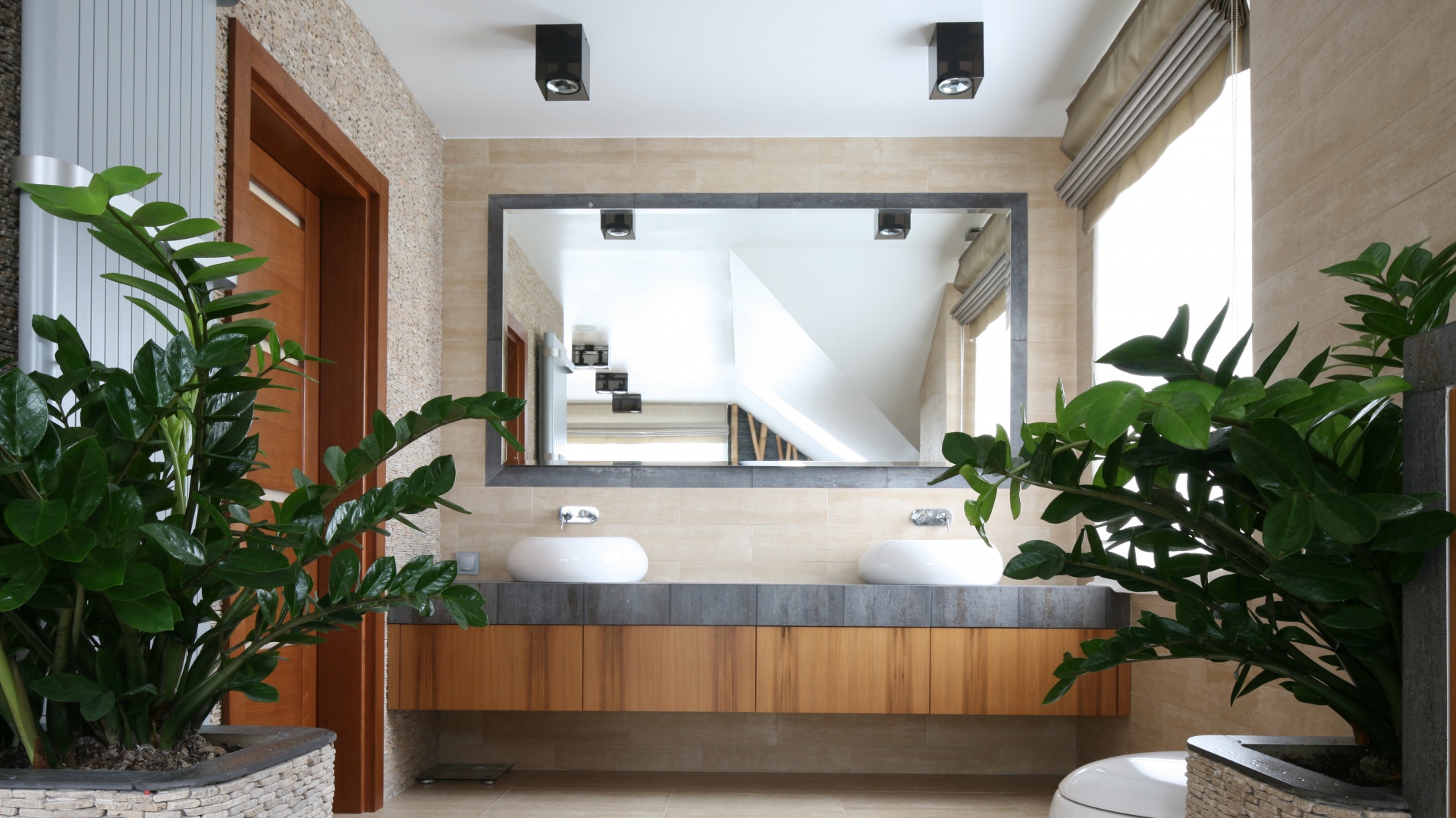 Klimat SPA zapewniają łazience rośliny zielone umieszczone w specjalnie zaprojektowanych i wykonanych z kamienia donicach. Proj. Karolina Łuczyńska. Fot. Bartosz Jarosz.