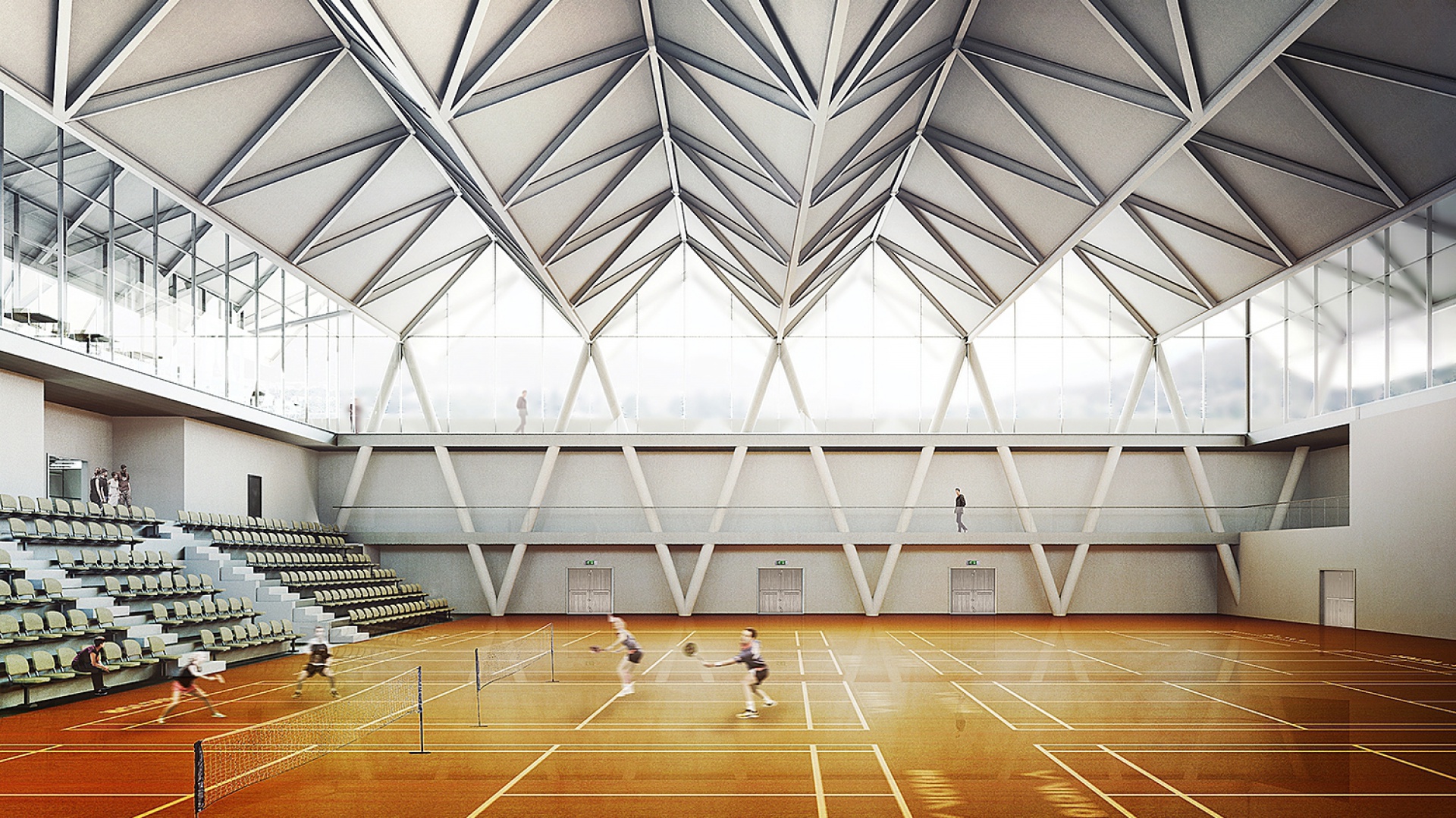 Wnętrze Sali głównej może pomieścić 10 pełnowymiarowych kortów do badmintona. Stylistyka wnętrza nawiązuje do lotki badmintonowej. Fot. BXBstudio