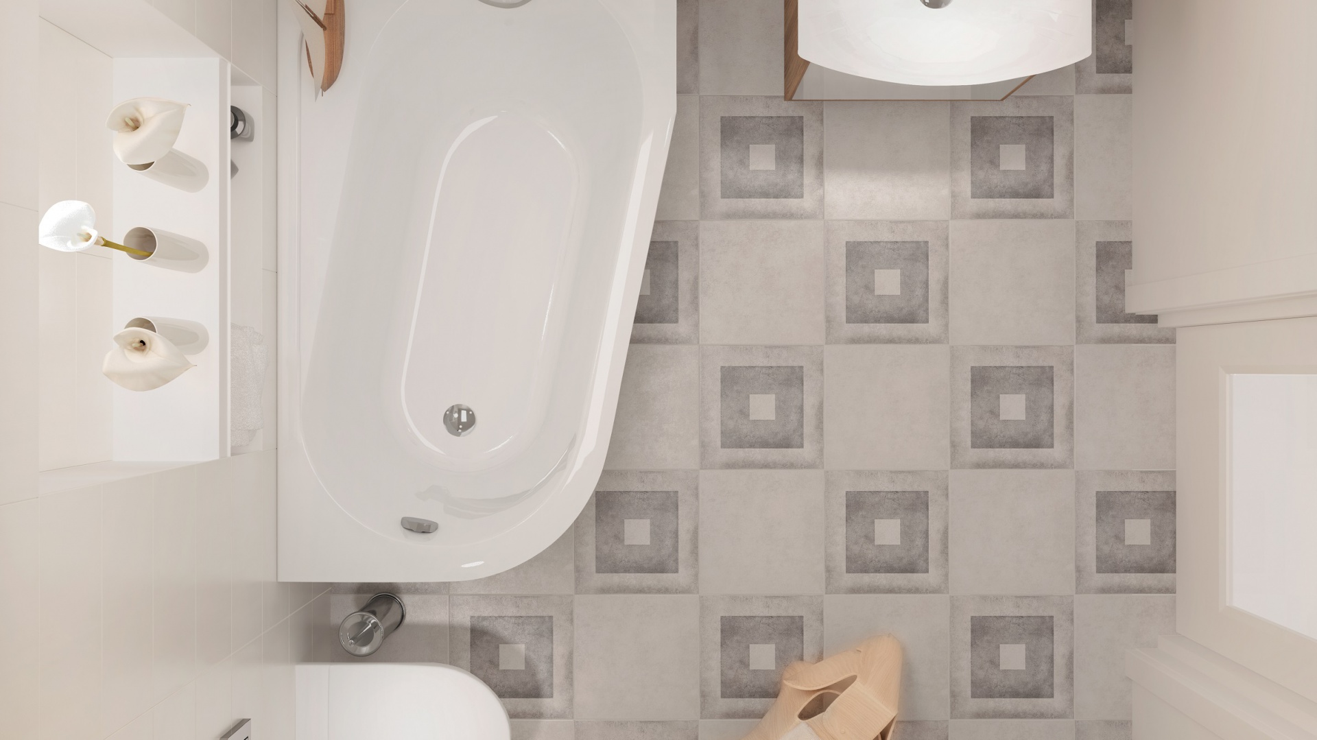 Wzorzysta podłoga dodaje białej łazience przytulności – seria płytek ceramicznych Mato marki Cersanit. Fot. Cersanit.