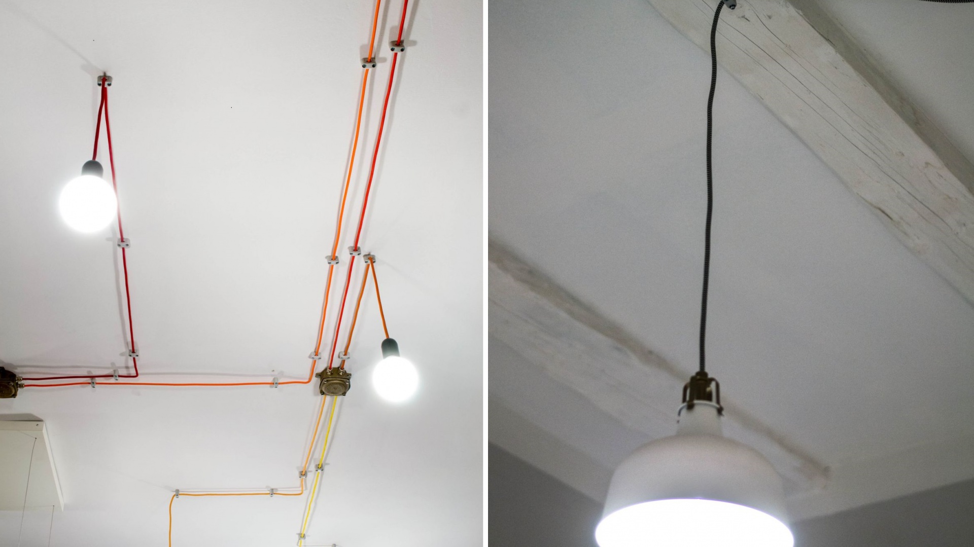 W ramach „ocieplania” wnętrza architekci wykonali pewną wariację na temat architektury przemysłowej – zamienili surowe czarne lub białe przewody instalacji natynkowej na kolorowe kable w oplocie. Fot. M. Maruszewska