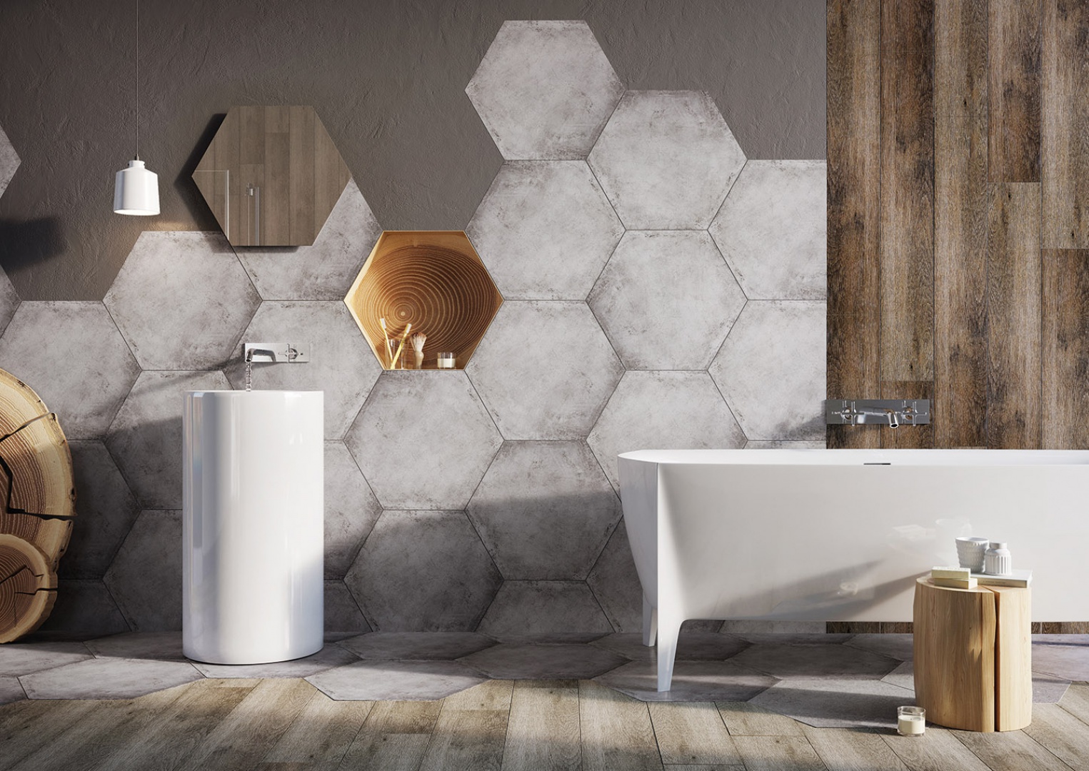 Kolekcja płytek Hexon i gres Madera marki Ceramstic. Fot. Ceramstic.
