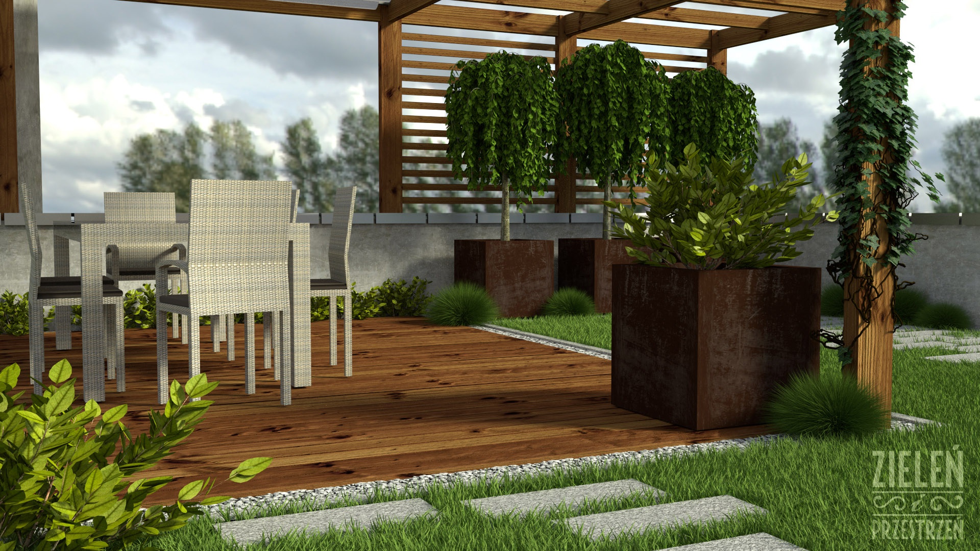 Projekt zakłada wykorzystanie systemu zielonego dachu. Trawnik i mniejsze rośliny zaprojektowane zostały bezpośrednio na podłożu. Projekt Zieleń i Przestrzeń.jpg