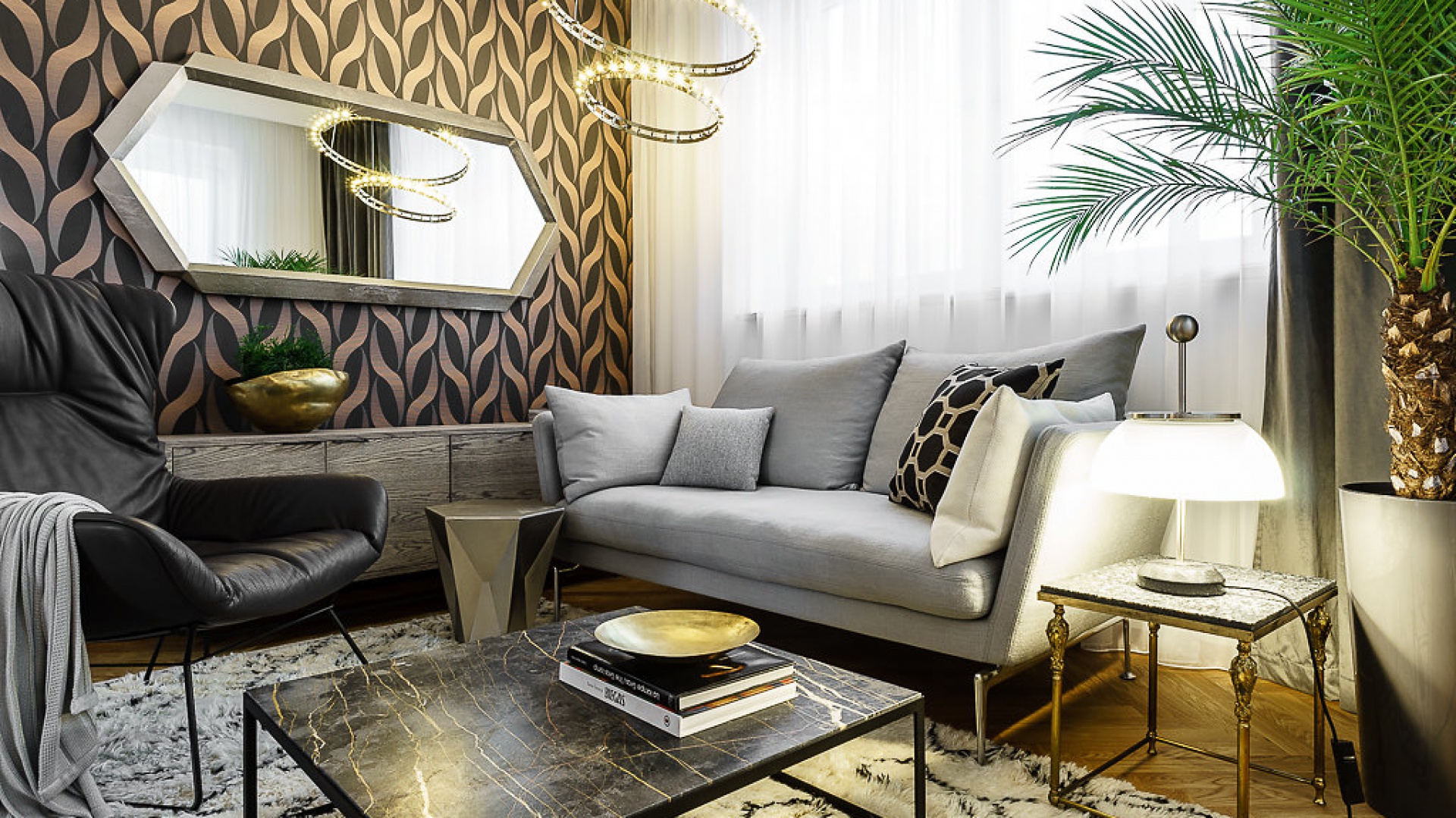 Dwa okręgi różnej wielkości z zamontowanymi w konstrukcji małymi lampkami tworzą oryginalną i elegancką lampę. Fot. Mesmetric Concept Store