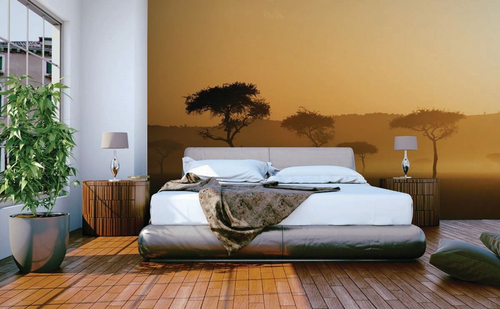 Afrykański krajobraz wkracza do przestrzeni sypialni urządzonej w kolorach ziemi za sprawą fototapety na ścianie za łóżkiem. Fot. Dekornik