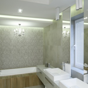 Łazienka przy sypialni: efekt glamour uzyskano dzięki szarej tapecie z bogatym wzorem. Projekt: Dominik Respondek. Fot. Bartosz Jarosz