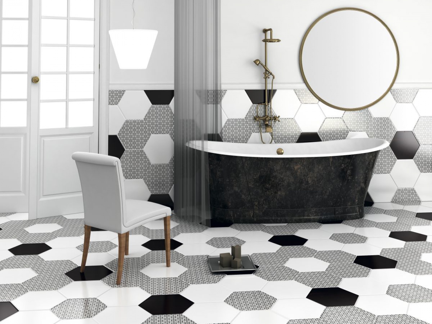 Najpopularniejszym zastosowaniem sześciokątów są heksagonalne płytki ceramiczne. Tutaj w monochromatycznej eleganckiej łazience. Fot. Ceranosa