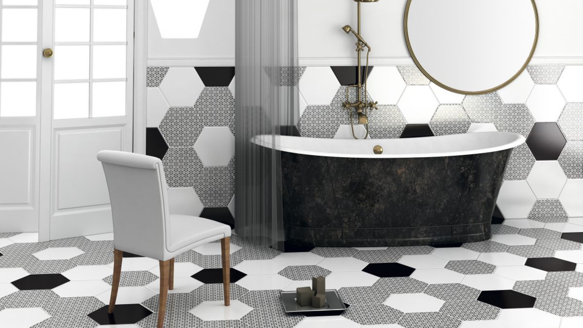 Najpopularniejszym zastosowaniem sześciokątów są heksagonalne płytki ceramiczne. Tutaj w monochromatycznej eleganckiej łazience. Fot. Ceranosa
