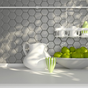 Kolekcja Mineral - Heksagon jasnoszary mozaika cermiczna na ścianie kuchennej. Fot. Raw Decor