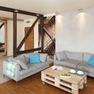 Mieszkanie w stylu vintage: do salony wybrano dwie kanapy w jasnym odcieniu szarości. Projekt: Marta Kruk. Fot. Bartosz Jarosz