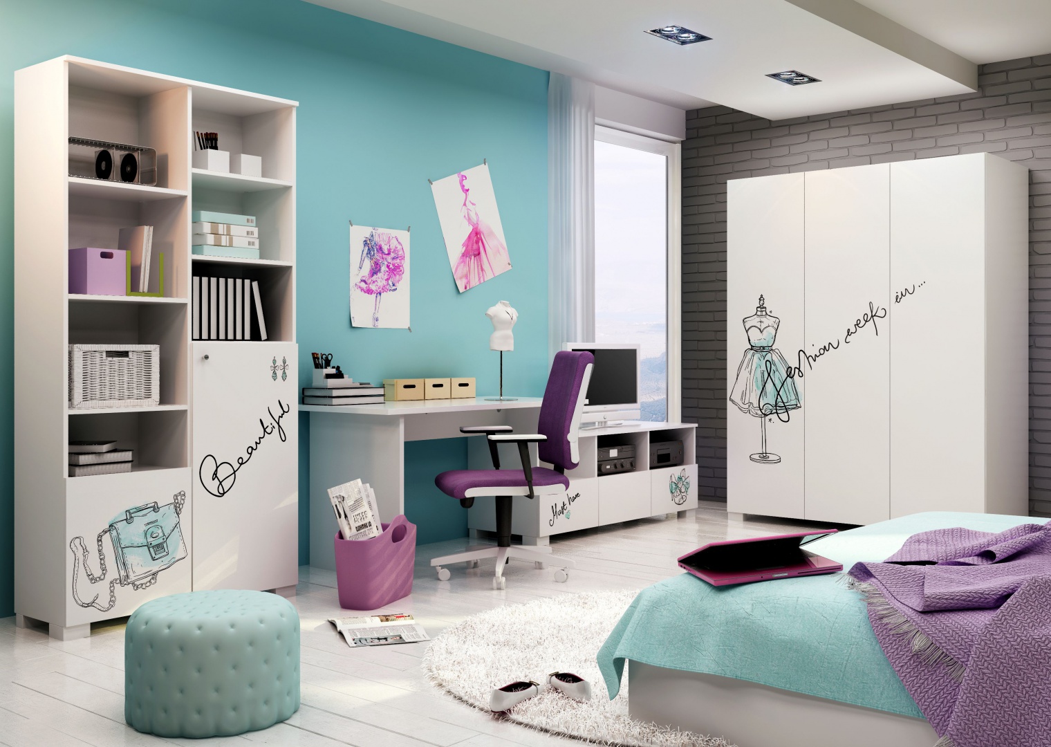 W sklepie Meblik dostępna jest kolekcja Fashion Mint. Regał – 1.190 zł, Szafa – 2.690 zł, Biurko Mix – 450 zł, Szafka RTV 150 – 950 zł Łóżko – 950 zł, Krzesło obrotowe – 790 zł. Fot. Domoteka