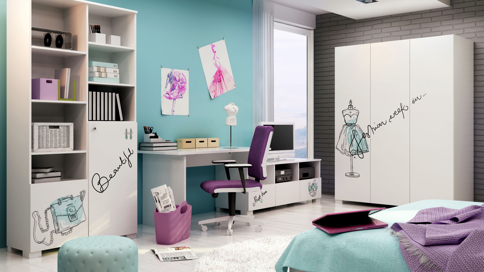 W sklepie Meblik dostępna jest kolekcja Fashion Mint. Regał – 1.190 zł, Szafa – 2.690 zł, Biurko Mix – 450 zł, Szafka RTV 150 – 950 zł Łóżko – 950 zł, Krzesło obrotowe – 790 zł. Fot. Domoteka