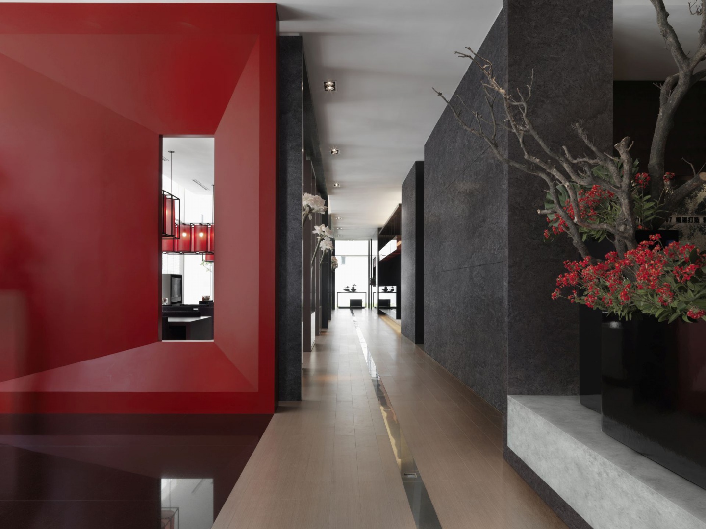 Element płaski oklejony laminatem HPL w kolorach bordo oraz smooth i raw concrete. Fot. Pfleiderer