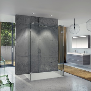 Beton coraz częściej pojawia się także w łazienkach - jeśli zestawimy go z prostym nowoczesnym wyposażeniem, osiągniemy świetny efekt. Na zdjęciu: kabina prysznicowa Scandic S202, płaski brodzik Basel marki Riho, fot. materiały producenta.