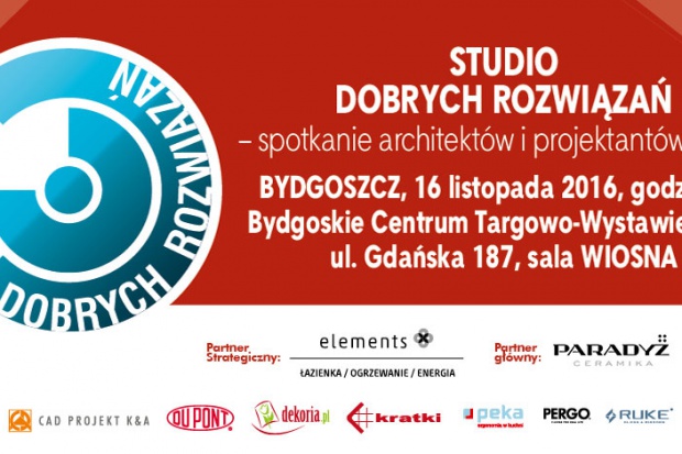 Studio Dobrych Rozwiązań po raz pierwszy odwiedzi kujawsko-pomorskie. Zapraszamy 16 listopada do Bydgoszczy na spotkanie z dobrym wzornictwem, oryginalnymi pomysłami oraz cenionymi architektami, których prace inspirują całą branżę. Zajmujecie si�