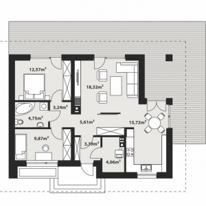 PARTER:
1. sień - 3,39 m²
2. hol - 5,61 m²
3. pokój - 9,87 m²
4. komunikacja - 3,24 m²
5. łazienka - 4,75 m²
6. pokój - 12,57 m²
7. salon - 18,32 m²
8. kuchnia + jadalnia - 15,72 m²
9. kotłownia - 4,06 m²