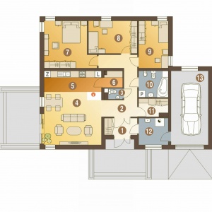 PARTER: 105,50 m2
1. wiatrołap – 4,40 m2
2. hol – 14,20 m2
3. salon – 24,70 m2
4. kuchnia – 6,70 m2
5. spiżarnia – 1,90 m2
6. łazienka – 2,90 m2
7. pokój – 16,20 m2
8. pokój – 9,50 m2
9. pokój – 10,80 m2
10. pokój – 8,40 m2
11. łazienka – 5,80 m2
12. pom. gospodarcze* – 6,00 m2
13. garaż* – 22,10 m2
Dom Kalandra (A). Projekt: arch. Maja Klimowicz. Fot. Dom dla Ciebie Pracownia Projektowa Archeco