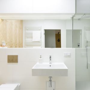 Biała łazienka z dekorem drewna stanowi spójną całość z reszta wnętrza. Fot. Stanisław Zajączkowski / Zajaczkowski Photography
