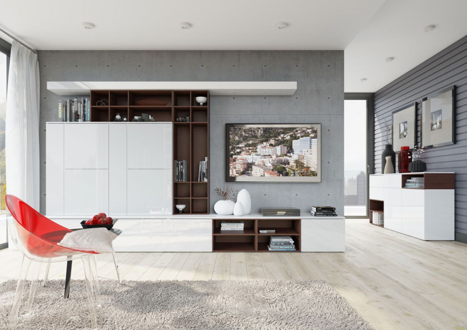 Kolekcja Loft w najmodniejszym aktualnie kolorze białym w połysku. Meble mają bardzo nowoczesną stylistykę. Fot. Szynaka Meble