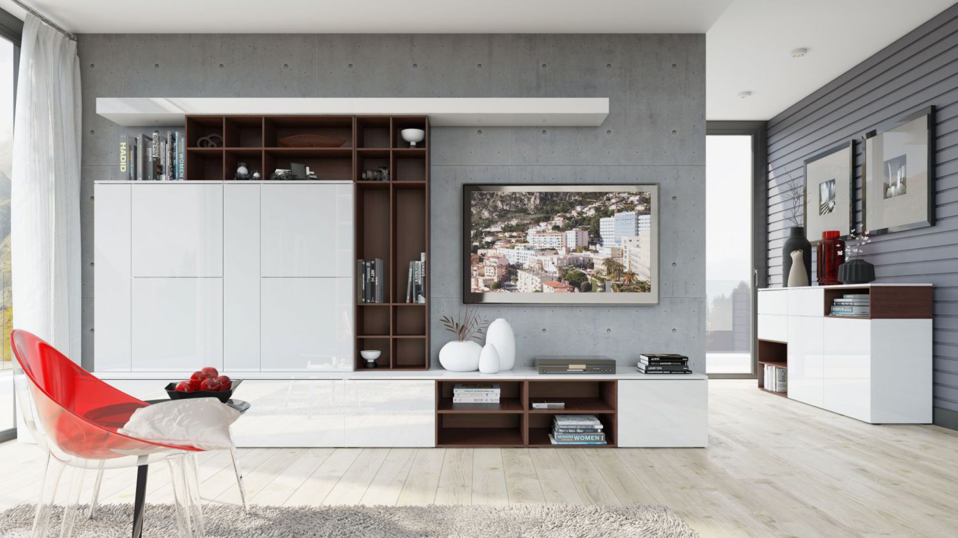 Kolekcja Loft w najmodniejszym aktualnie kolorze białym w połysku. Meble mają bardzo nowoczesną stylistykę. Fot. Szynaka Meble