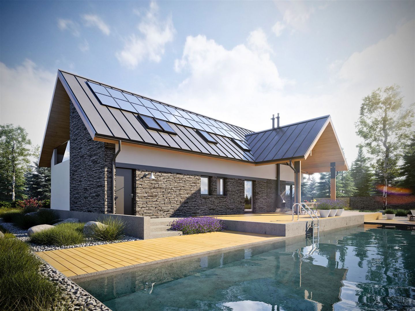 Kamień i drewno zdobiące fasadę budynku są niczym dotyk natury, integrujący dom z jego naturalnym otoczeniem. Dom Nikolas II G2 Energo Plus. Projekt: arch. Artur Wójciak. Fot. Pracownia Projektowa Archipelag