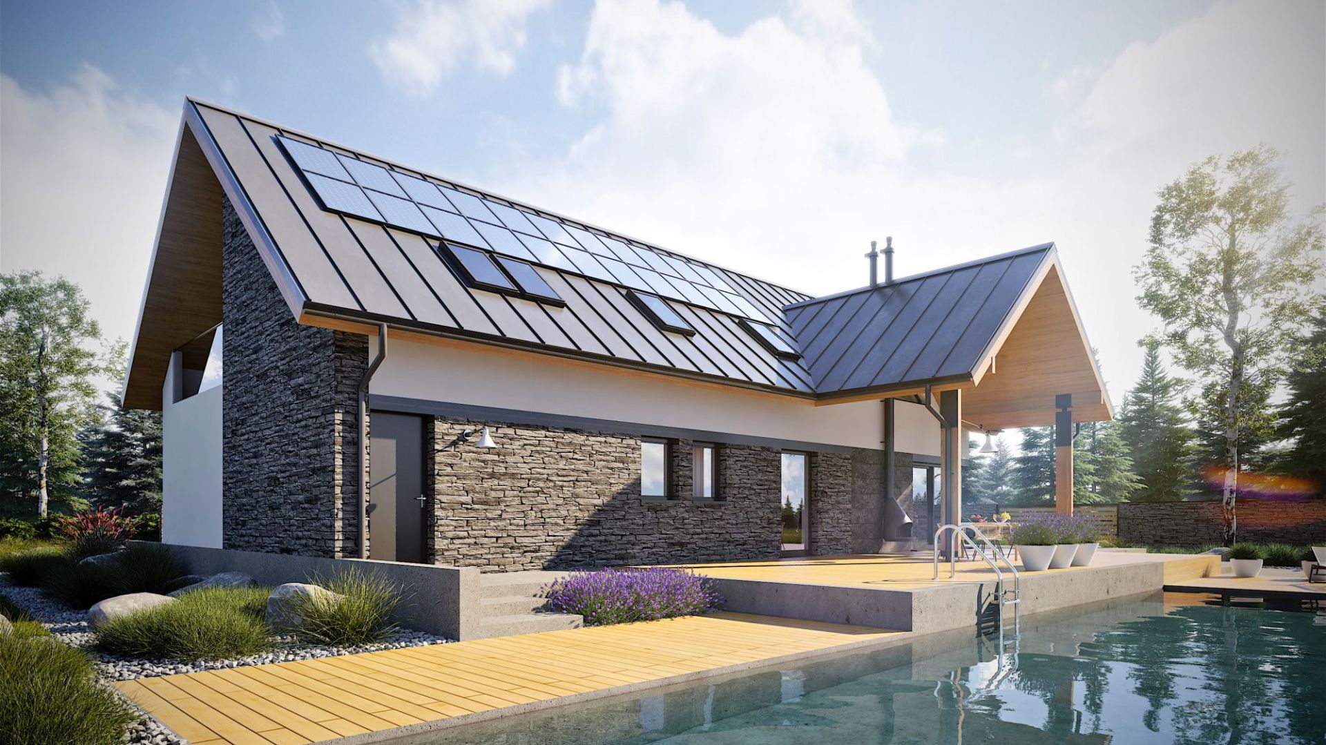 Kamień i drewno zdobiące fasadę budynku są niczym dotyk natury, integrujący dom z jego naturalnym otoczeniem. Dom Nikolas II G2 Energo Plus. Projekt: arch. Artur Wójciak. Fot. Pracownia Projektowa Archipelag