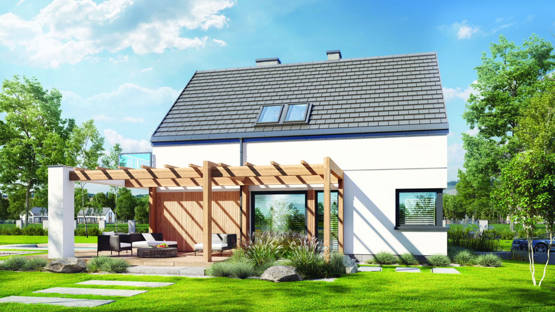 Oryginalnym detalem jest zaprojektowana wzdłuż bocznej elewacji drewniana pergola, która w strefie ogrodowej łączy się z balkonem. Projekt: Dom w amorfach. Fot. Archon +