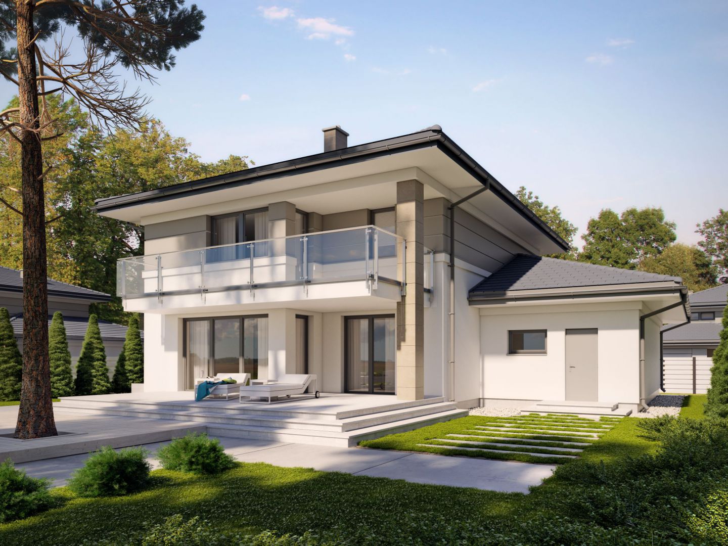 Dzięki osłonięciu częściowo zadaszonych tarasów, uzyskano na tarasie prywatną strefę wypoczynku. Dom Korso 2. Projekt: arch. Rafał Zdanowicz, arch. Tomasz Siemieniuk. Fot. Archetyp