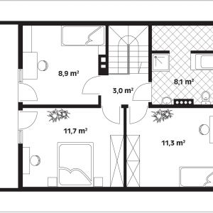 Rzut poddasza. Poddasze: 43,00 m2
1. korytarz – 3,00 m2
2. pokój –11,70 m2
3. pokój – 8,90 m2
4. łazienka – 8,10 m2
5. pokój – 11,30 m2