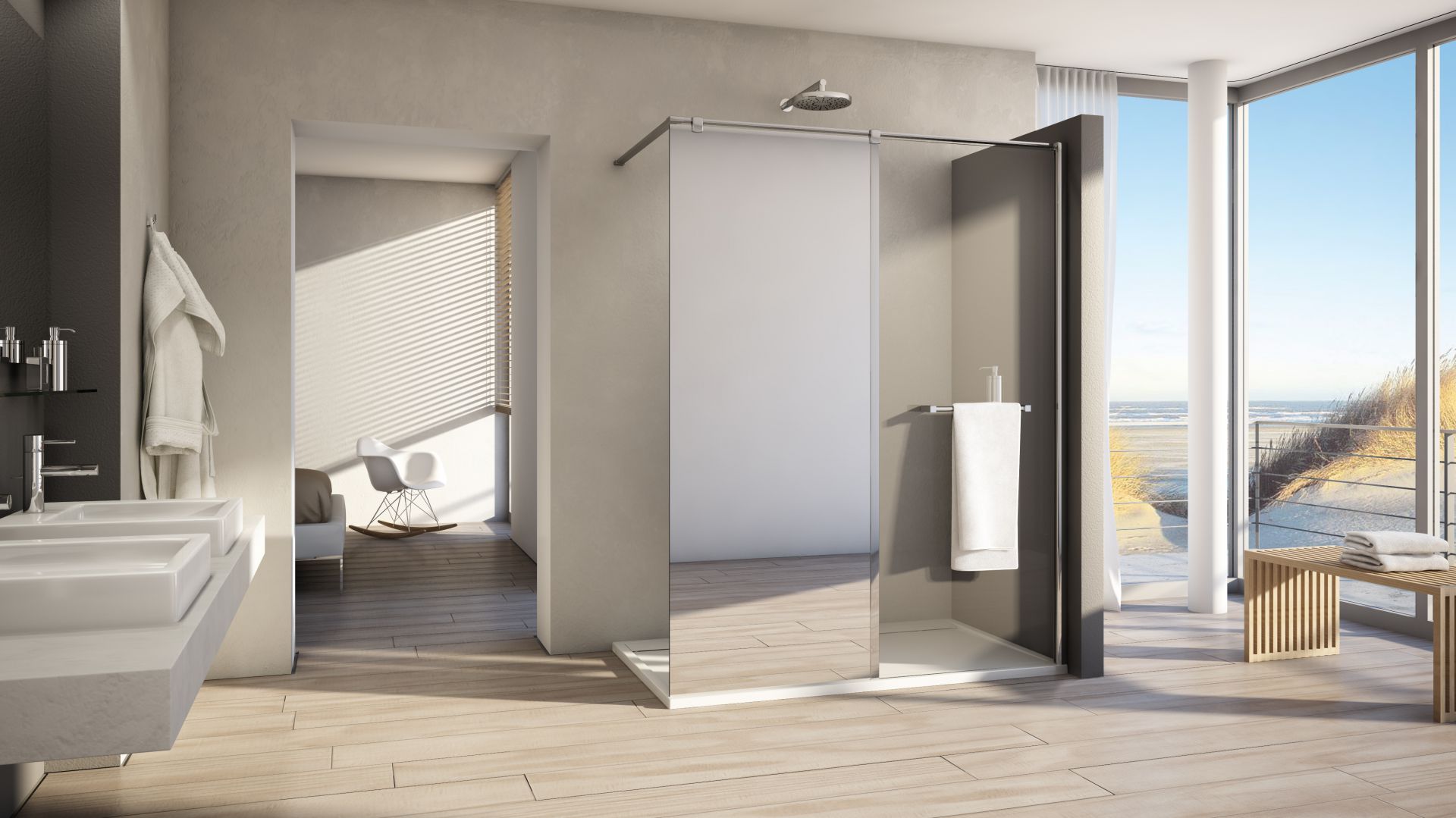 Kabina typu walk-in z lustrzaną taflą Melia marki SanSwiss. Fot. SanSwiss
