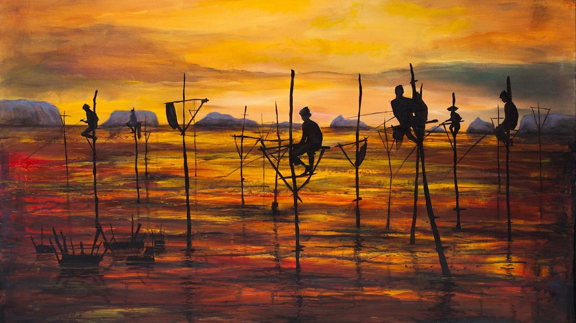 Sztuka jako podróż sentymentalna - wspomnienia z wakacji. Sabina Maria Grzyb, Rybacy, 2018, akryl, olej, płótno, 60x100 cm. Fot. Galeria i Dom Aukcyjny Xanadu