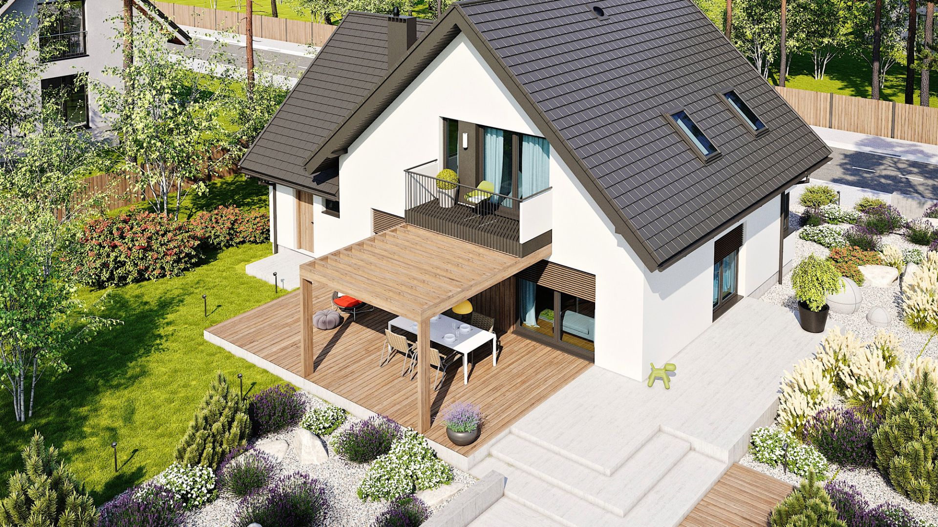 Dużym plusem projektu jest okazały taras z dekoracyjną pergolą tworzącą spójną kompozycję z balkonem. Dom Mini 8 w. II G1. Projekt: arch. Artur Wójciak. Fot. Pracownia Projektowa Archipelag