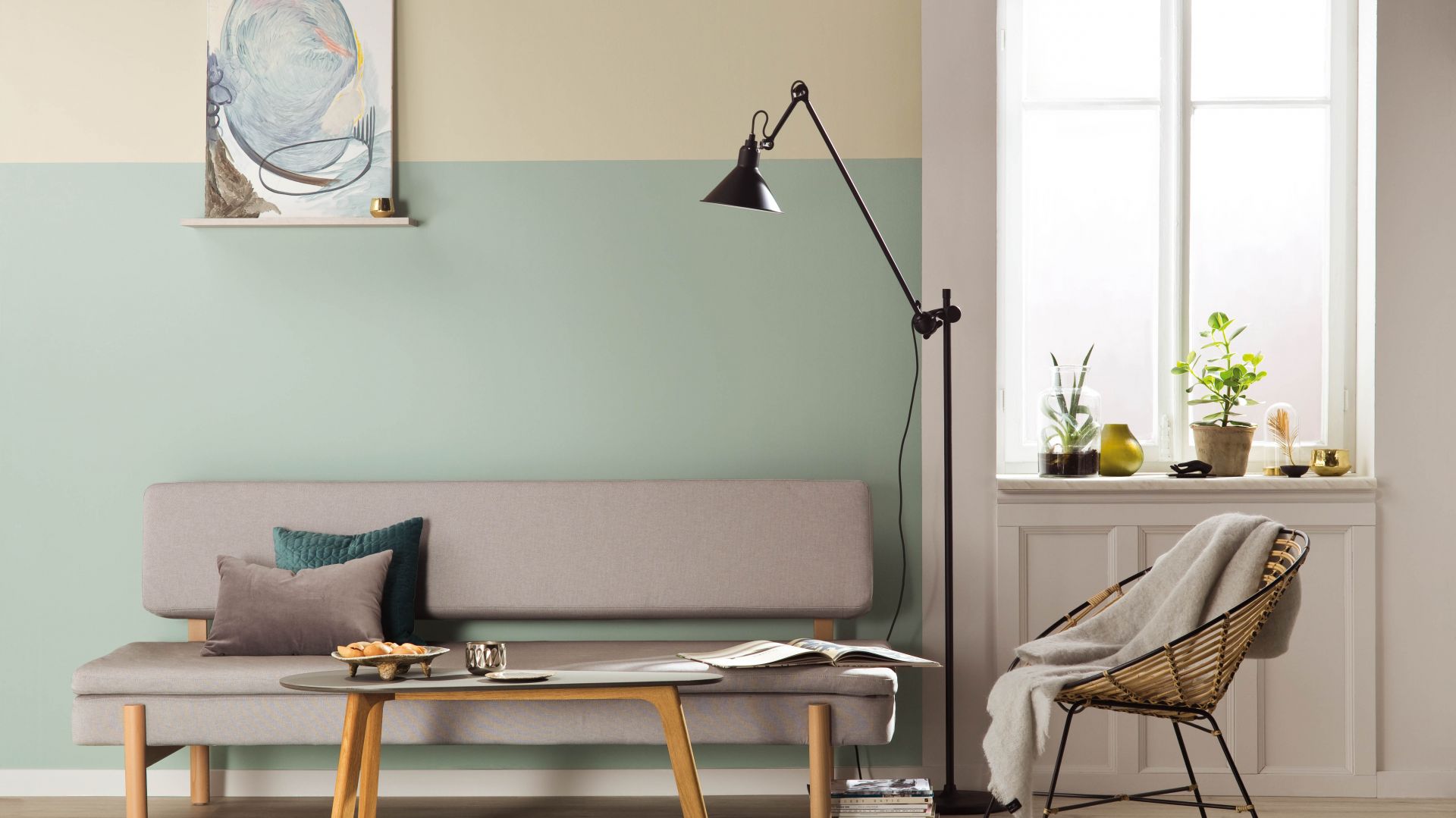 Skandynawskie wnętrze - pomysł na ścianę: farba Designer Collection kolory Flow, Trust, Shade.
